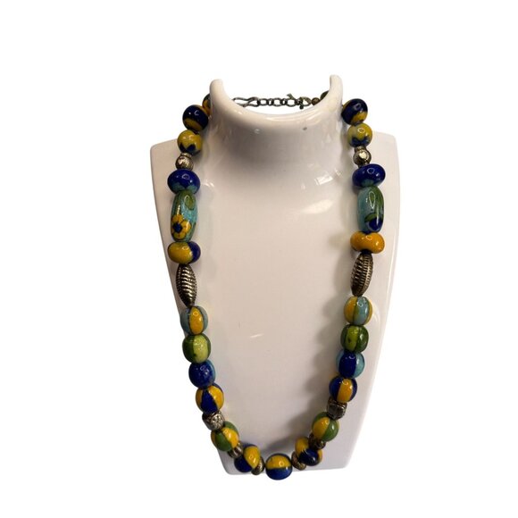 Vintage Venetian Millefiori Glass Beaded Necklace With Silver Accents 18" - Picture 1 of 9
